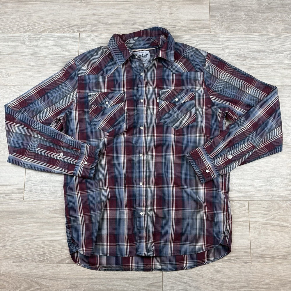 Levis Mens Western Pearl Snap Button‎ Down Shirt Burgundy Blue Plaid Size M